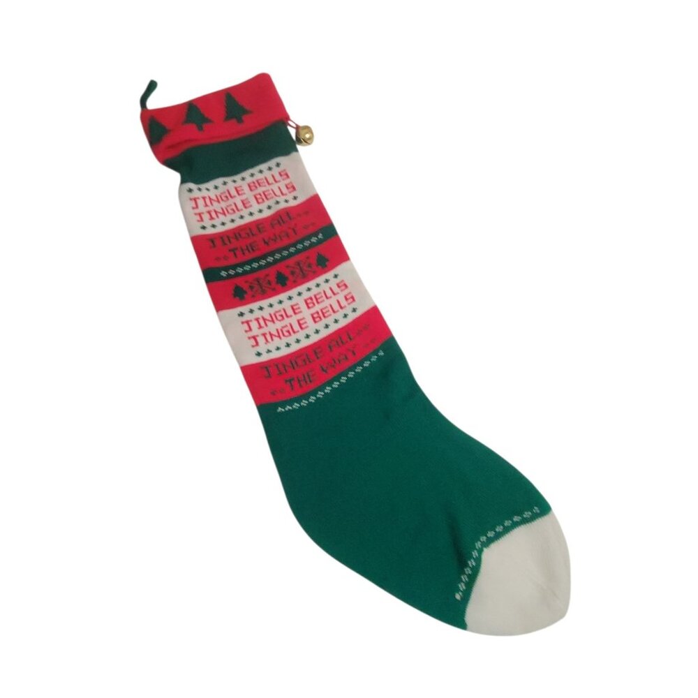 Vtg 1985 Christmas Knit Stocking Giant 36" Jingle Bell & Festive Red/Green/White